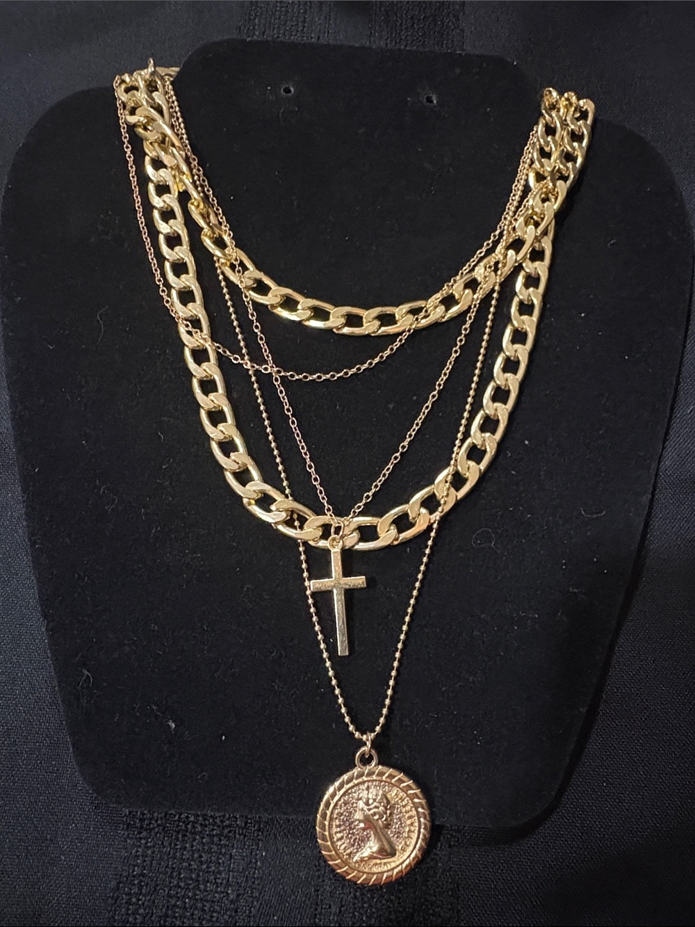 Layered Gold-Tone Cross and Coin Pendant Necklace - Women Jewelry